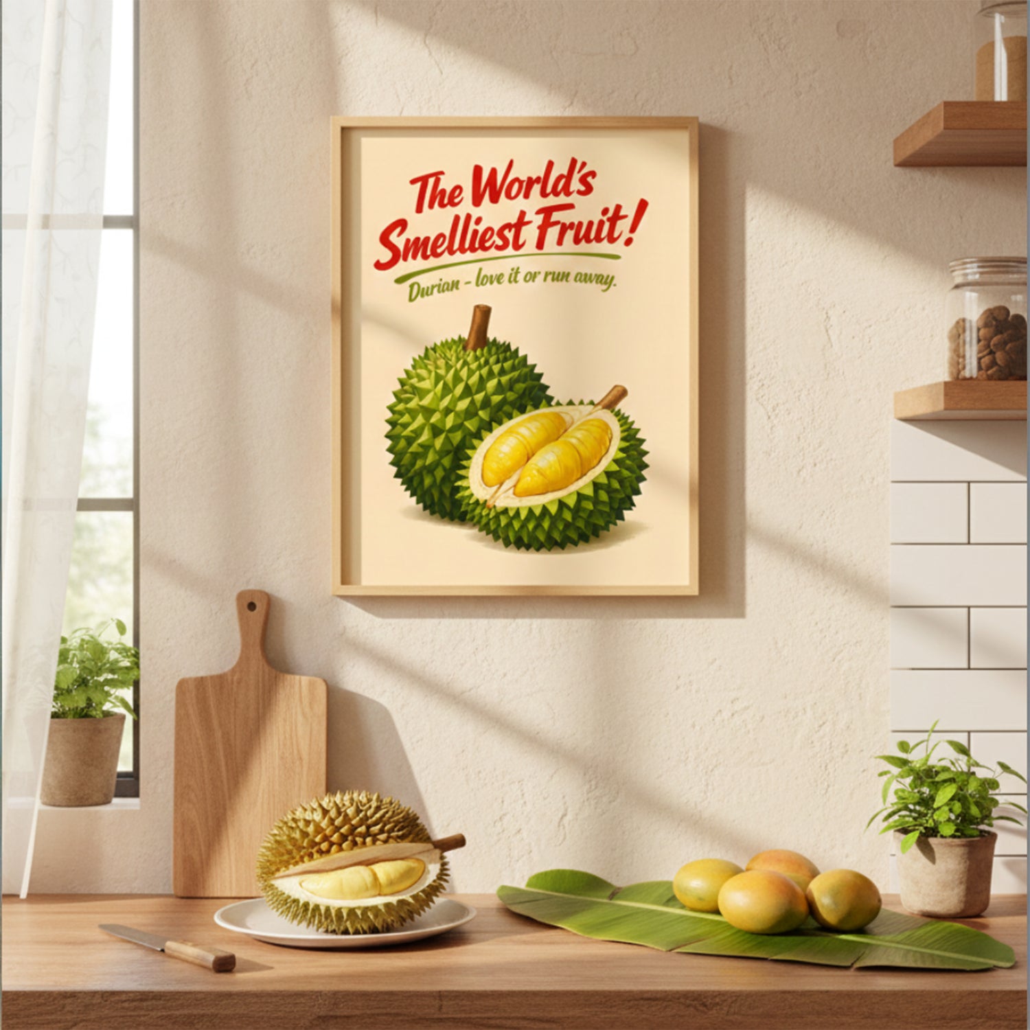 Framed Smelly Durian Poster hanging in a modern kitchen setting above a counter with fruit and neutral decor. Retro tropical durian fruit illustration with bold typography, perfect for exotic fruit wall art, Southeast Asian food poster styling or vibrant kitchen decor accents.