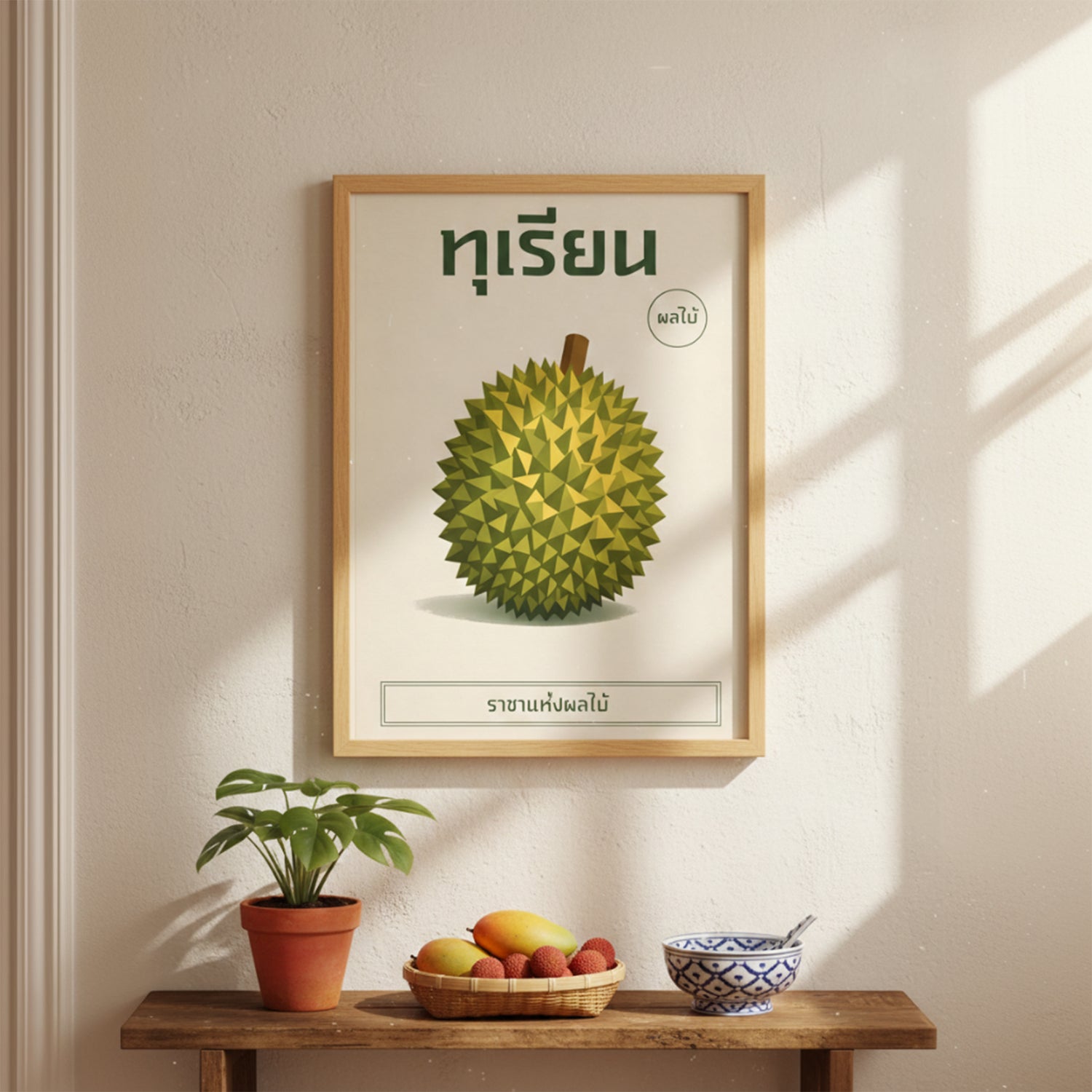 Framed durian botanical poster displayed above a wooden mantel shelf styled with small decorative objects and plants. The print features a geometric green durian with Thai text on a cream background. Warm natural lighting and neutral wall tones create a cosy, curated living room setting with a subtle tropical art influence.