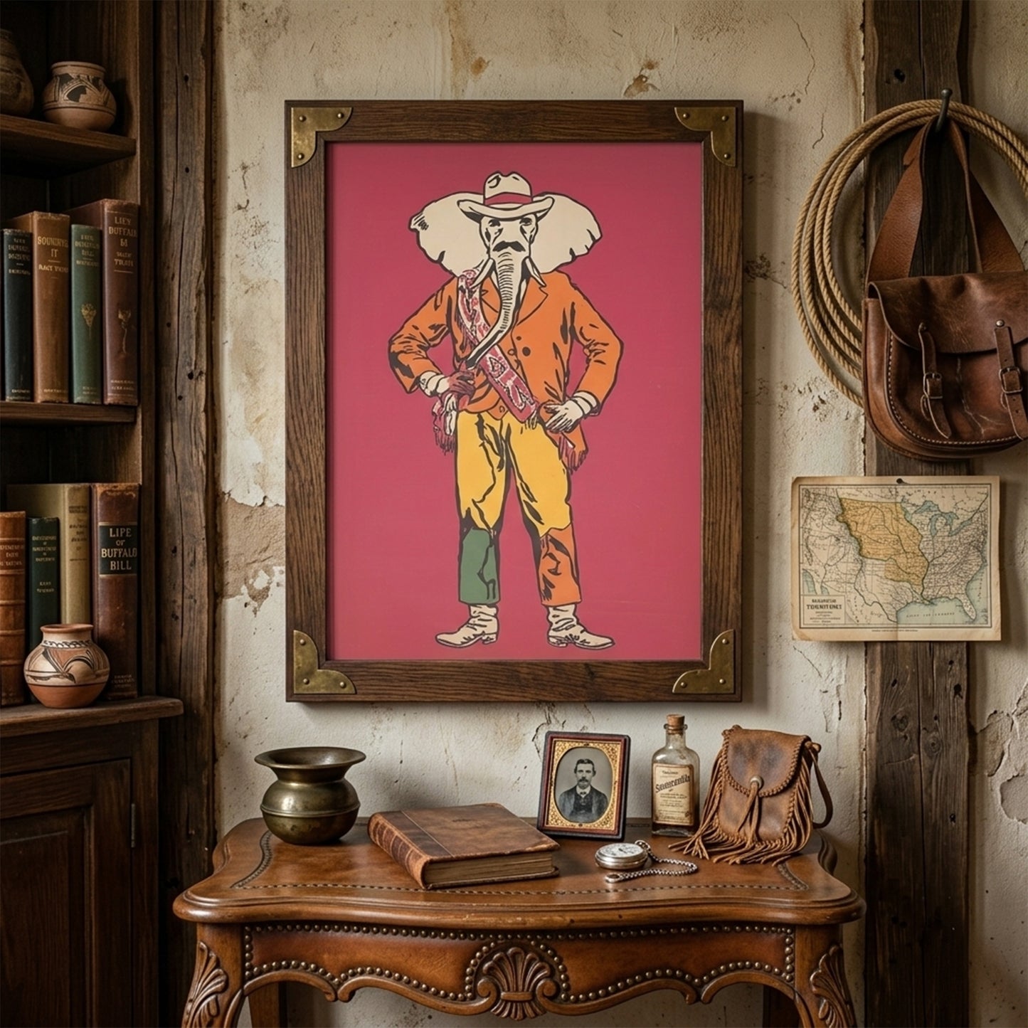 Elephant Cowboy framed poster displayed in a rustic western interior above a wooden table with books, pottery and a hanging saddle nearby. The artwork features an elephant in cowboy clothes on a red background, blending quirky animal art with Wild West style. A strong choice for western wall decor, Americana rooms, home offices, ranch-style spaces and character-led gallery walls.