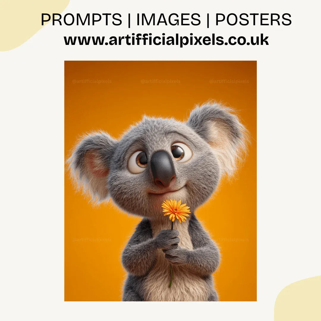 Cute koala character in Pixar 3D animation style with soft grey fur ideal for print-on-demand products

