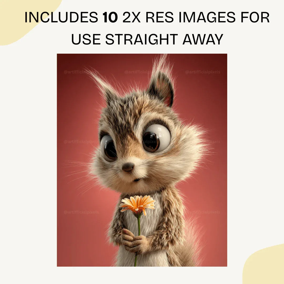 Cute fluffy squirrel character in Pixar 3D animation style created with Midjourney AI art prompt

