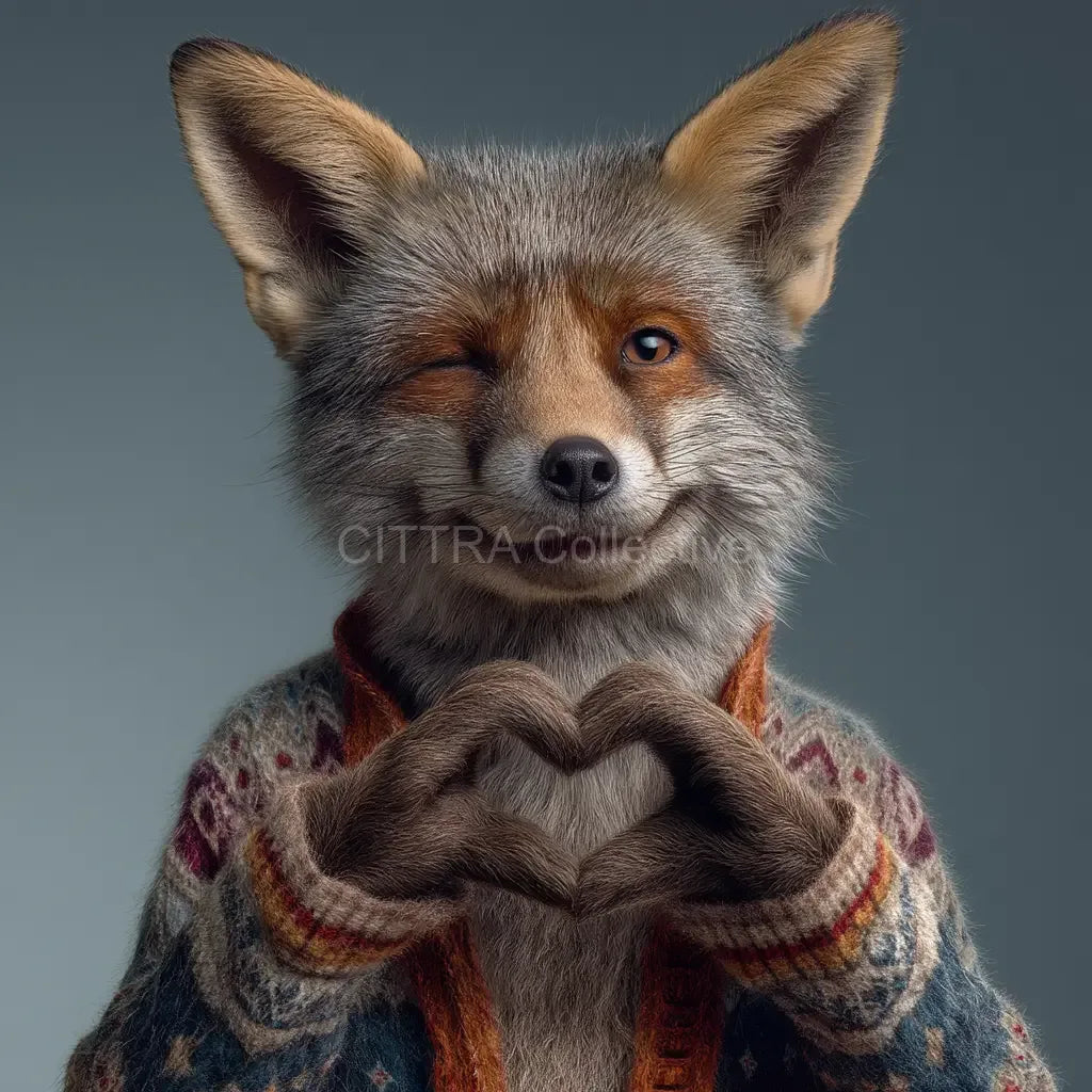 Hyper-realistic fox making heart shape in knitted jumper - Midjourney AI art prompt example