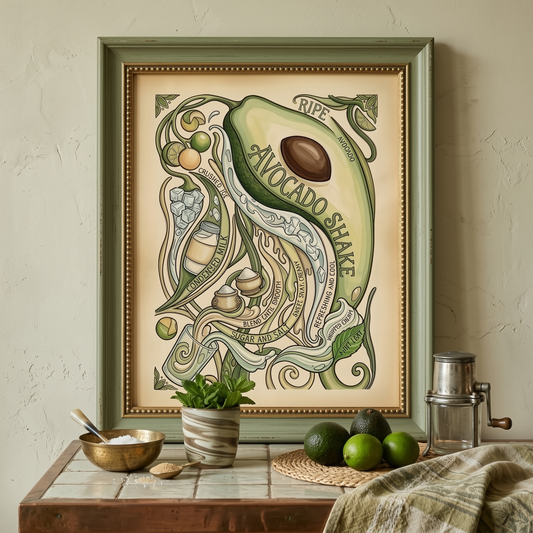 Framed avocado shake poster styled on a tabletop against a neutral wall, with fruit and simple decor placed nearby. The artwork shows a large avocado, flowing vines and recipe ingredients in soft green and cream tones, giving it a calm botanical look. A vintage-inspired kitchen poster presented in a realistic interior setting for food wall art or café decor.