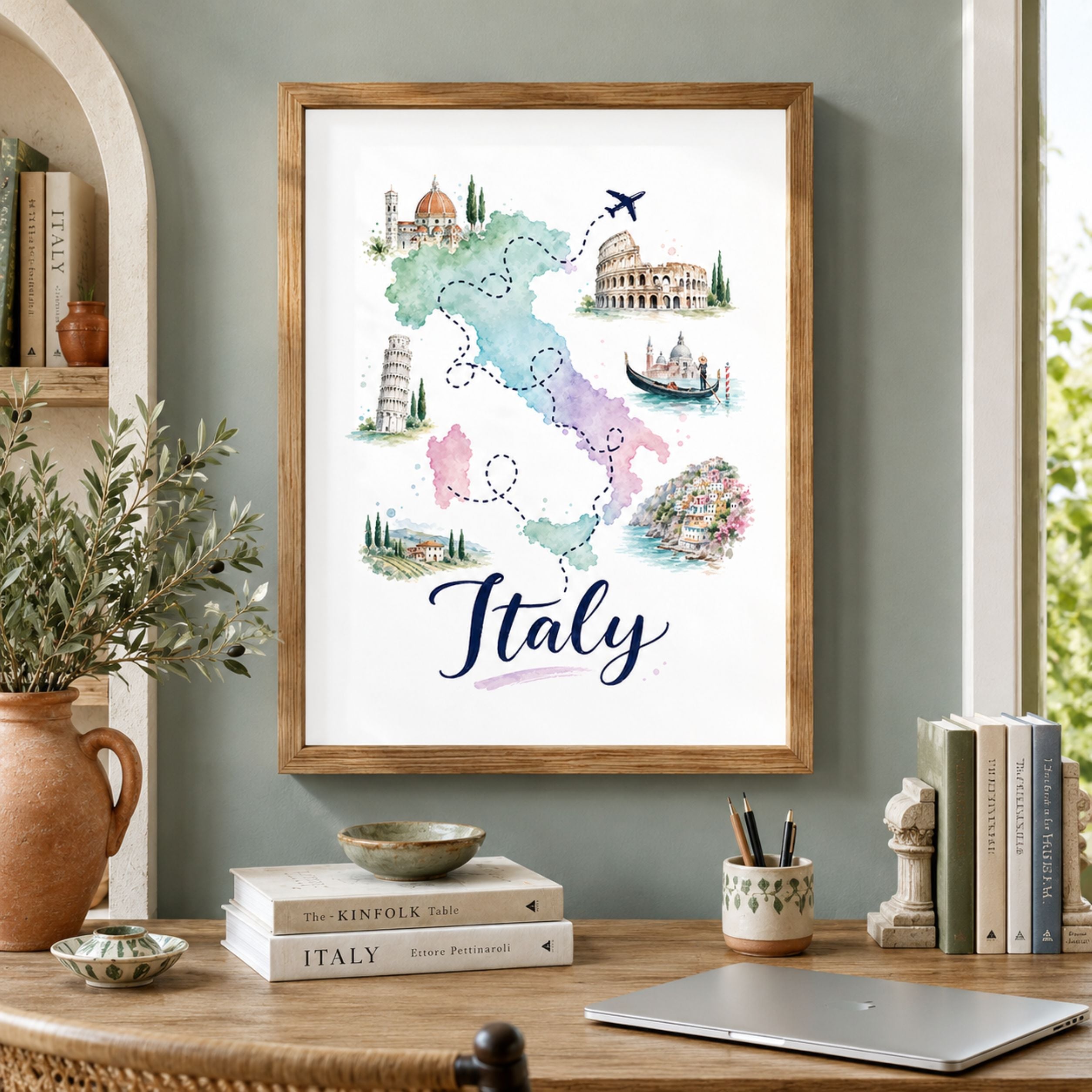 Framed Italy map poster displayed above a wooden console in a warm, softly styled living space. The pastel watercolour artwork shows the outline of Italy with dotted routes, an aeroplane and illustrated landmarks, while neutral books, ceramics and leafy plants create a relaxed Mediterranean-inspired setting for colourful Italian travel wall art.