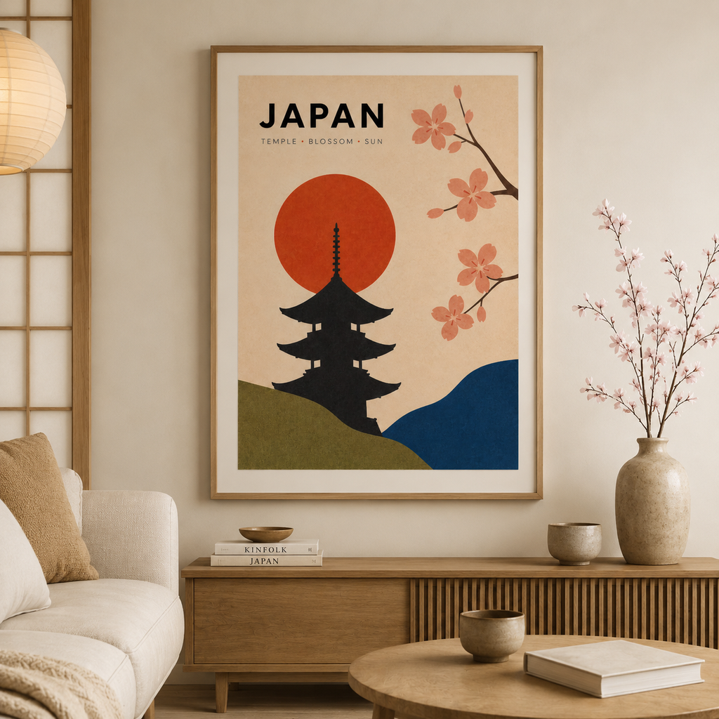 Mid Century Japanese Cherry Blossom Temple Poster