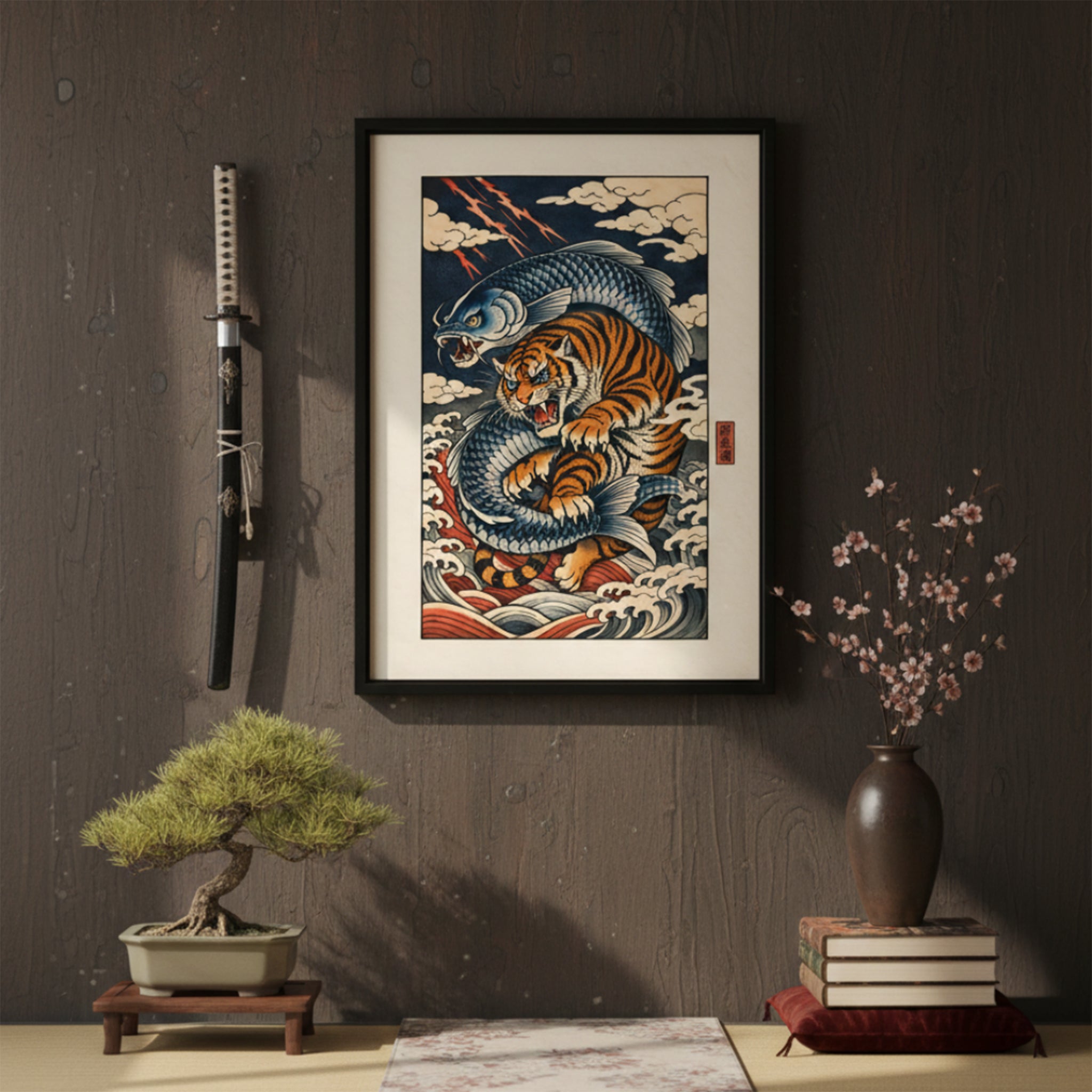 Framed Japanese tiger and wave wall art displayed in a modern interior setting with warm lighting and neutral décor. The bold orange tiger contrasts against dark blue crashing waves within a black frame, creating a dramatic focal point above a wooden surface. Contemporary styling emphasises this Asian inspired wildlife artwork as statement home décor.
