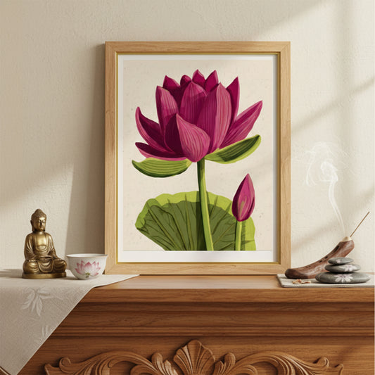 Framed pink lotus wall art displayed on a wooden console table with neutral decor accents. The artwork shows a large pink lotus bloom, green stem, broad leaf and smaller bud on a beige background. Asian inspired botanical print styled for peaceful living room decor, meditation areas and minimalist home design.