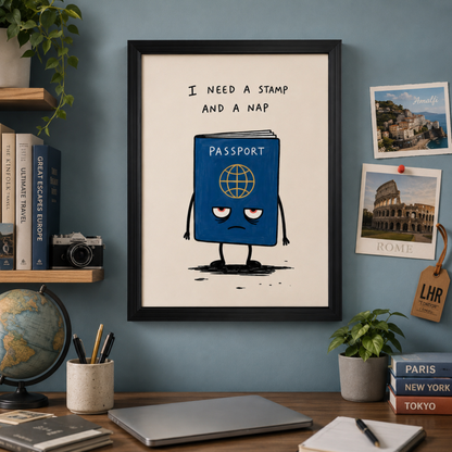 Framed funny travel poster displayed in a colourful office space with travel books, postcards, a globe, plants, camera and desk accessories. The artwork shows a tired blue passport character under the quote “I need a stamp and a nap”, making it ideal travel office decor and passport wall art.