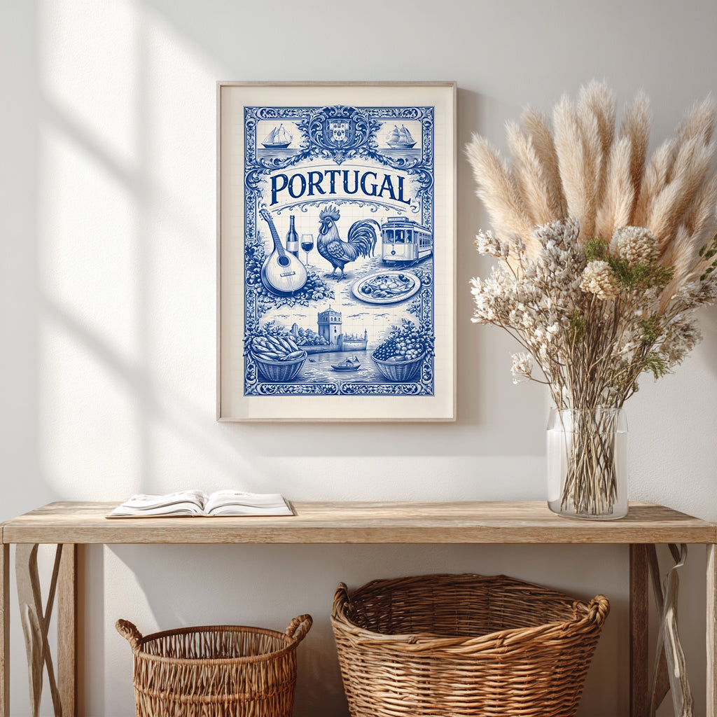 Framed portugal art poster displayed on a sideboard with dried florals and woven textures, featuring blue azulejo tile artwork inspired by Portuguese culture and traditions. A framed cultural art print that adds Mediterranean character and symbolic Portuguese tile design.
