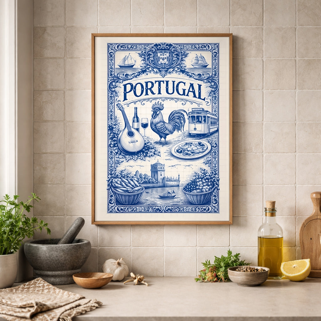 Framed Portuguese tile art poster displayed in a kitchen setting, featuring a blue azulejo illustration inspired by Portugal traditions and cultural symbolism. This portugal travel art print works as a cute Mediterranean kitchen wall print with classic Portuguese tile art details.