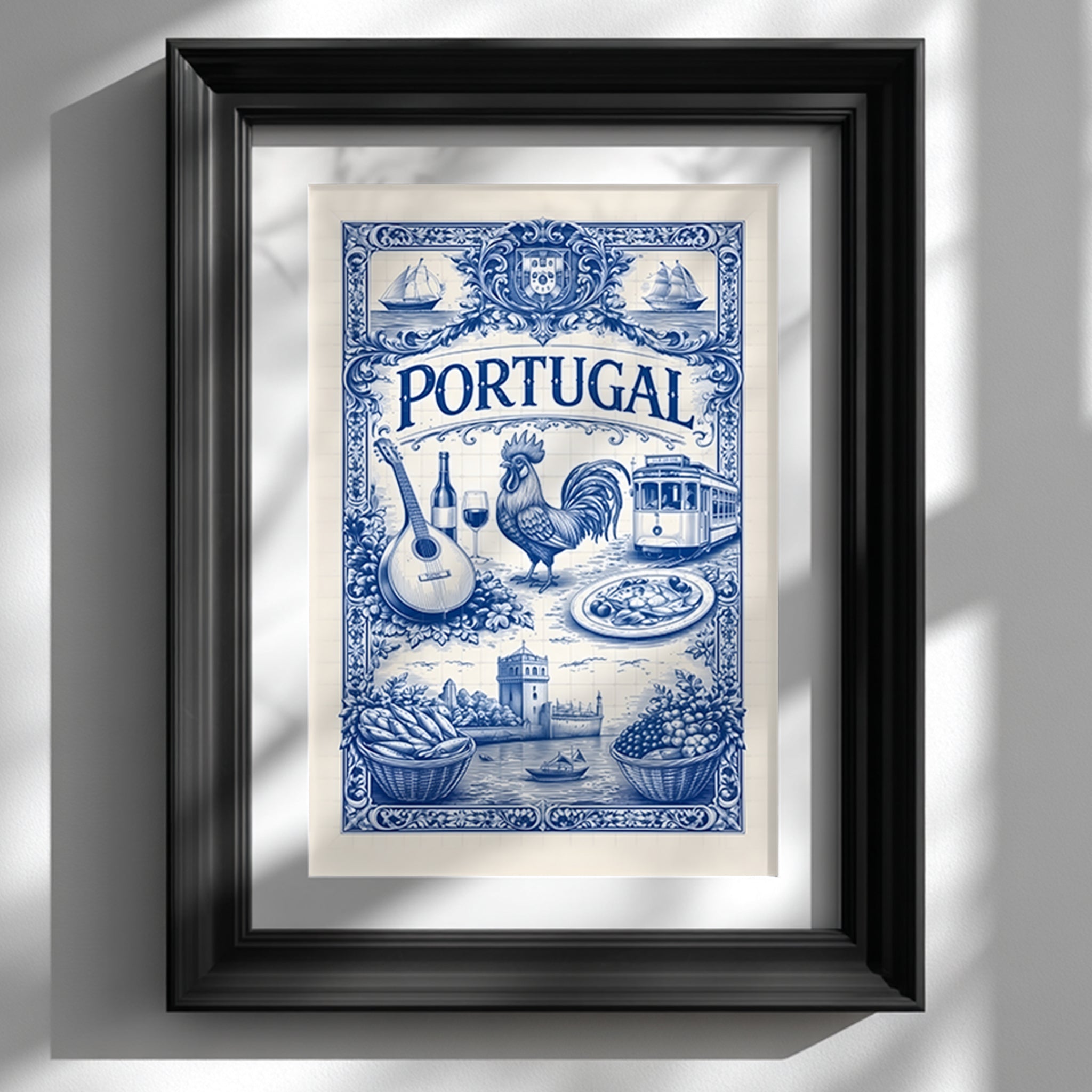 Framed Portuguese tile art poster in a black frame, displaying a detailed blue azulejo illustration with traditional Portugal symbols such as sailing ships, rooster, guitar, tram, food, and coastal scenery. The framed cultural art poster is ready to hang and styled against a neutral wall.