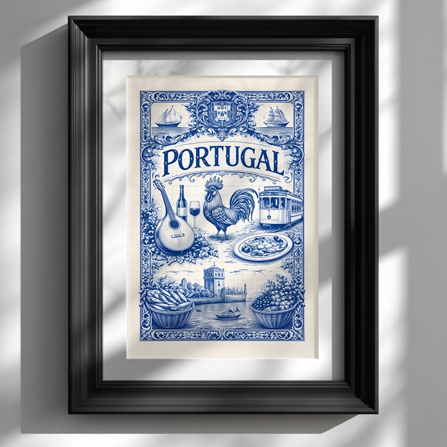 Framed Portuguese tile art poster in a black frame, displaying a detailed blue azulejo illustration with traditional Portugal symbols such as sailing ships, rooster, guitar, tram, food, and coastal scenery. The framed cultural art poster is ready to hang and styled against a neutral wall.