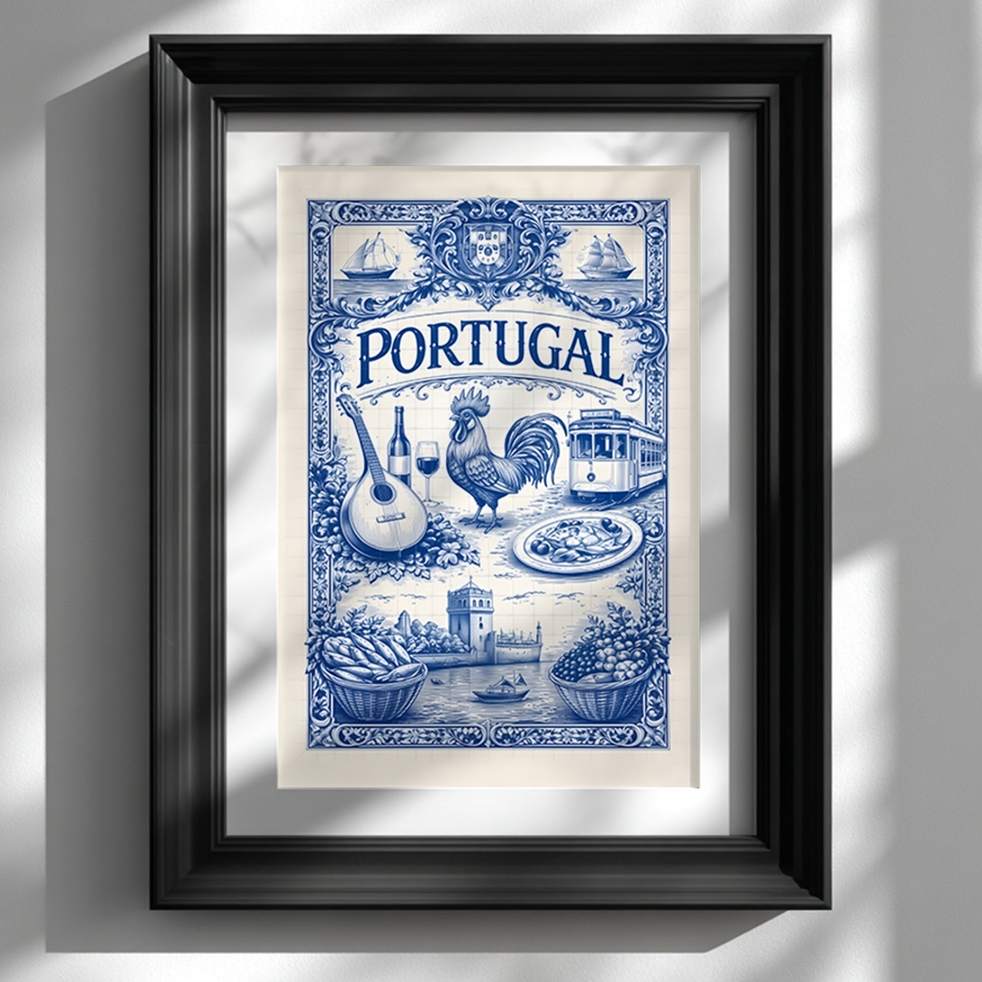 Framed Portuguese tile art poster in a black frame, displaying a detailed blue azulejo illustration with traditional Portugal symbols such as sailing ships, rooster, guitar, tram, food, and coastal scenery. The framed cultural art poster is ready to hang and styled against a neutral wall.