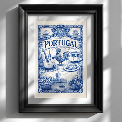 Framed Portuguese tile art poster in a black frame, displaying a detailed blue azulejo illustration with traditional Portugal symbols such as sailing ships, rooster, guitar, tram, food, and coastal scenery. The framed cultural art poster is ready to hang and styled against a neutral wall.