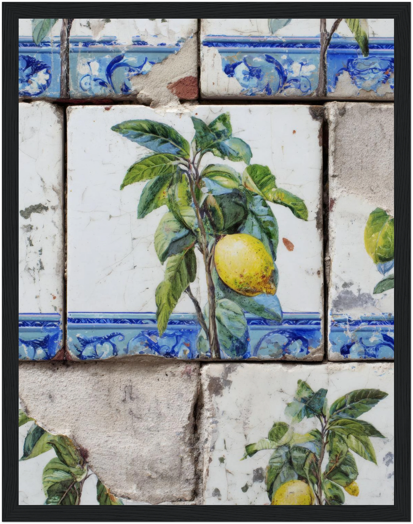 Wooden Framed Realistic Portuguese Lemon Azulejo Print - CITTRA Collective 27x35 cm / 11x14″ / Black frame
