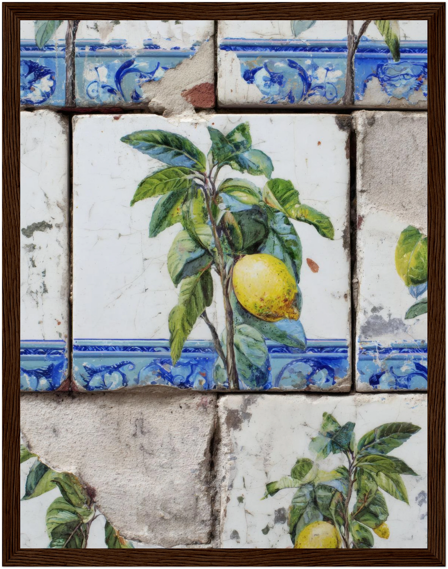 Wooden Framed Realistic Portuguese Lemon Azulejo Print - CITTRA Collective 27x35 cm / 11x14″ / Dark wood frame