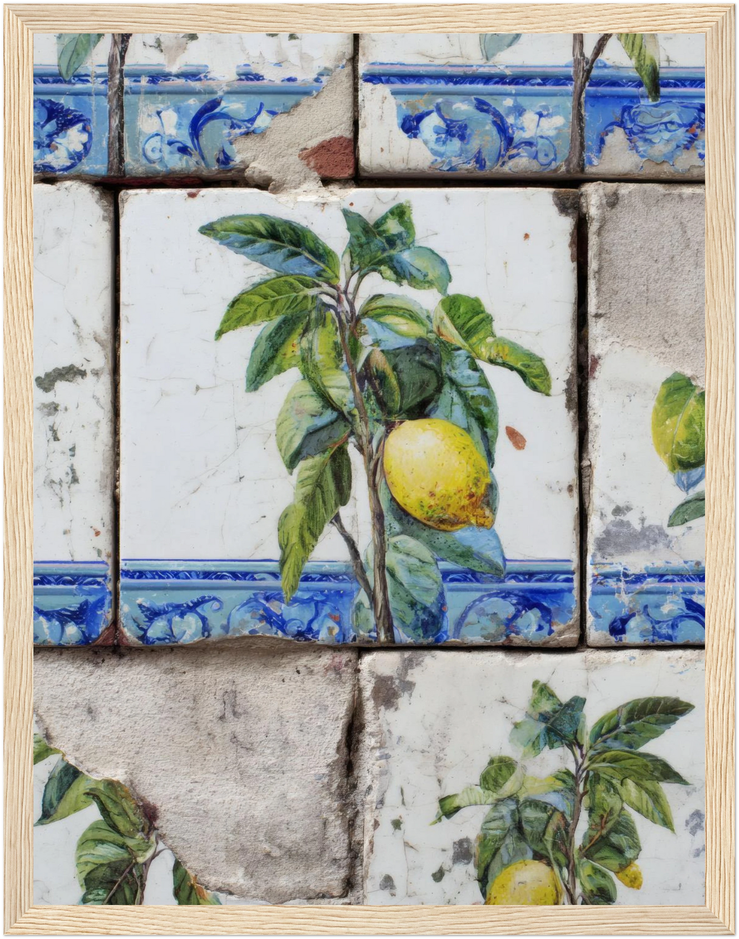 Wooden Framed Realistic Portuguese Lemon Azulejo Print - CITTRA Collective 27x35 cm / 11x14″ / Wood frame