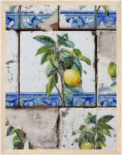 Wooden Framed Realistic Portuguese Lemon Azulejo Print - CITTRA Collective 27x35 cm / 11x14″ / Wood frame