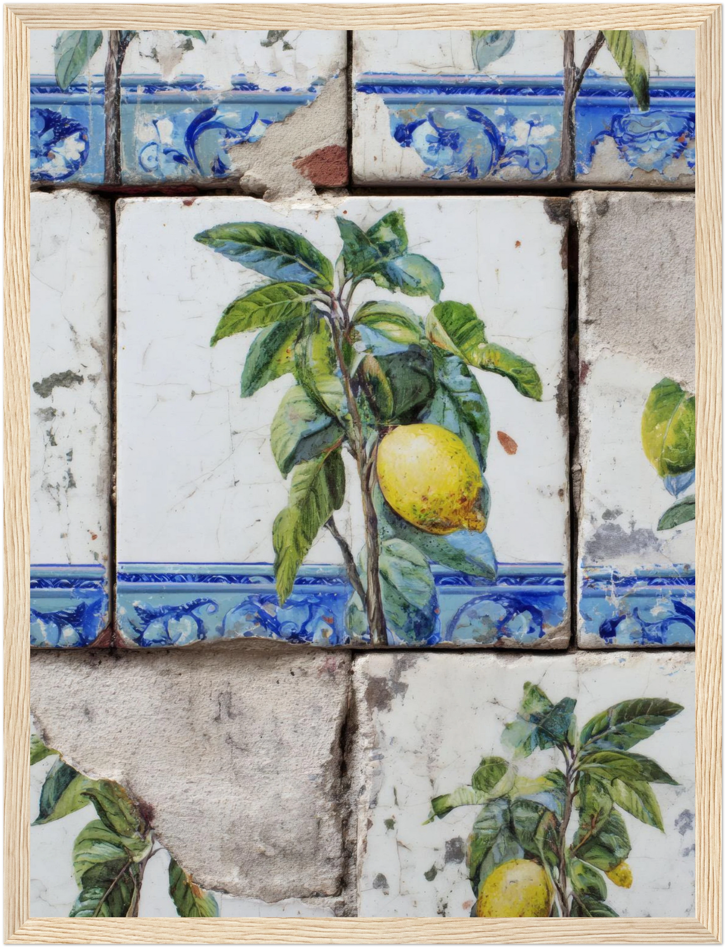 Wooden Framed Realistic Portuguese Lemon Azulejo Print - CITTRA Collective 30x40 cm / 12x16″ / Wood frame