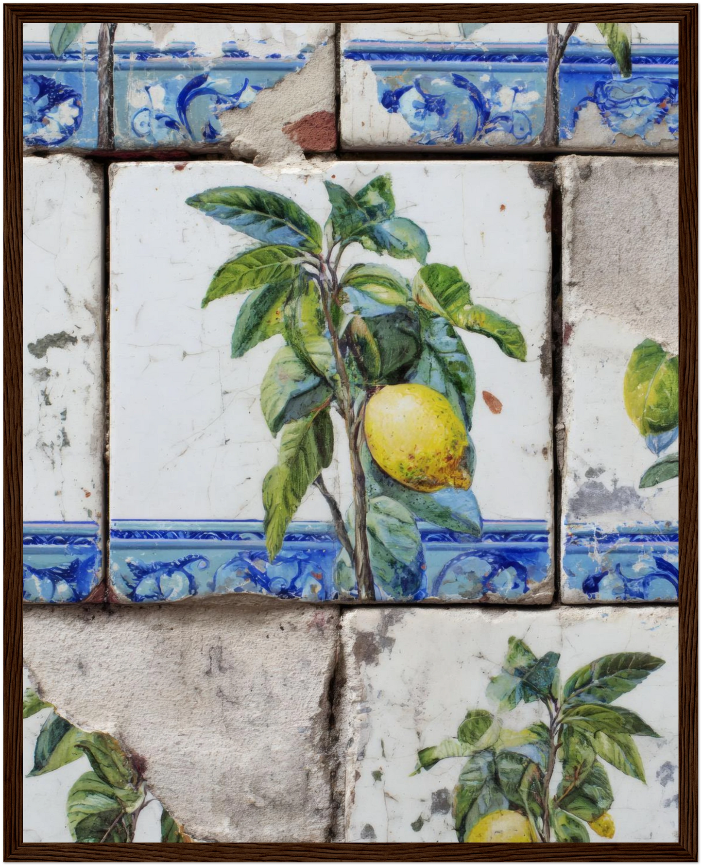 Wooden Framed Realistic Portuguese Lemon Azulejo Print - CITTRA Collective 40x50 cm / 16x20″ / Dark wood frame