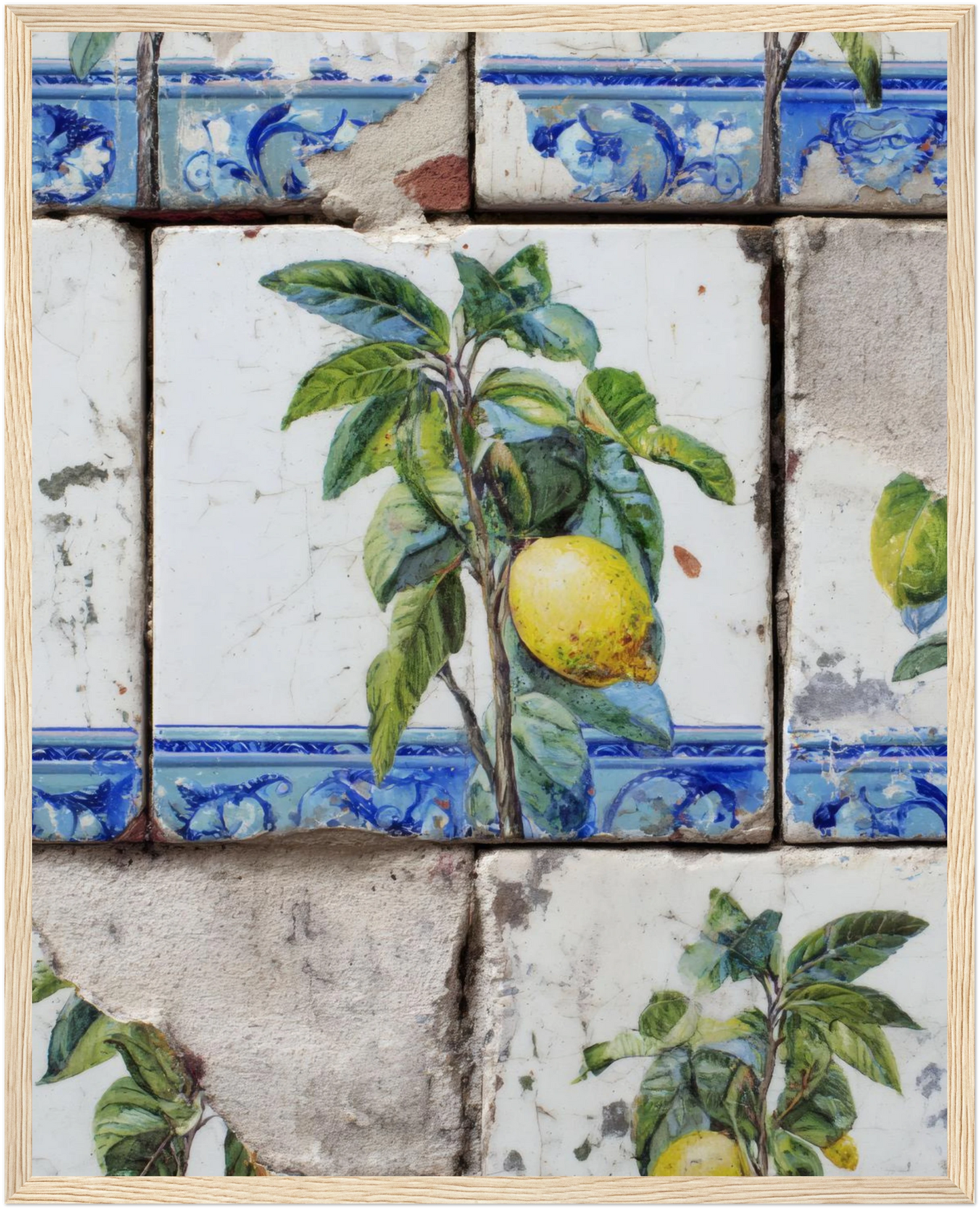 Wooden Framed Realistic Portuguese Lemon Azulejo Print - CITTRA Collective 40x50 cm / 16x20″ / Wood frame