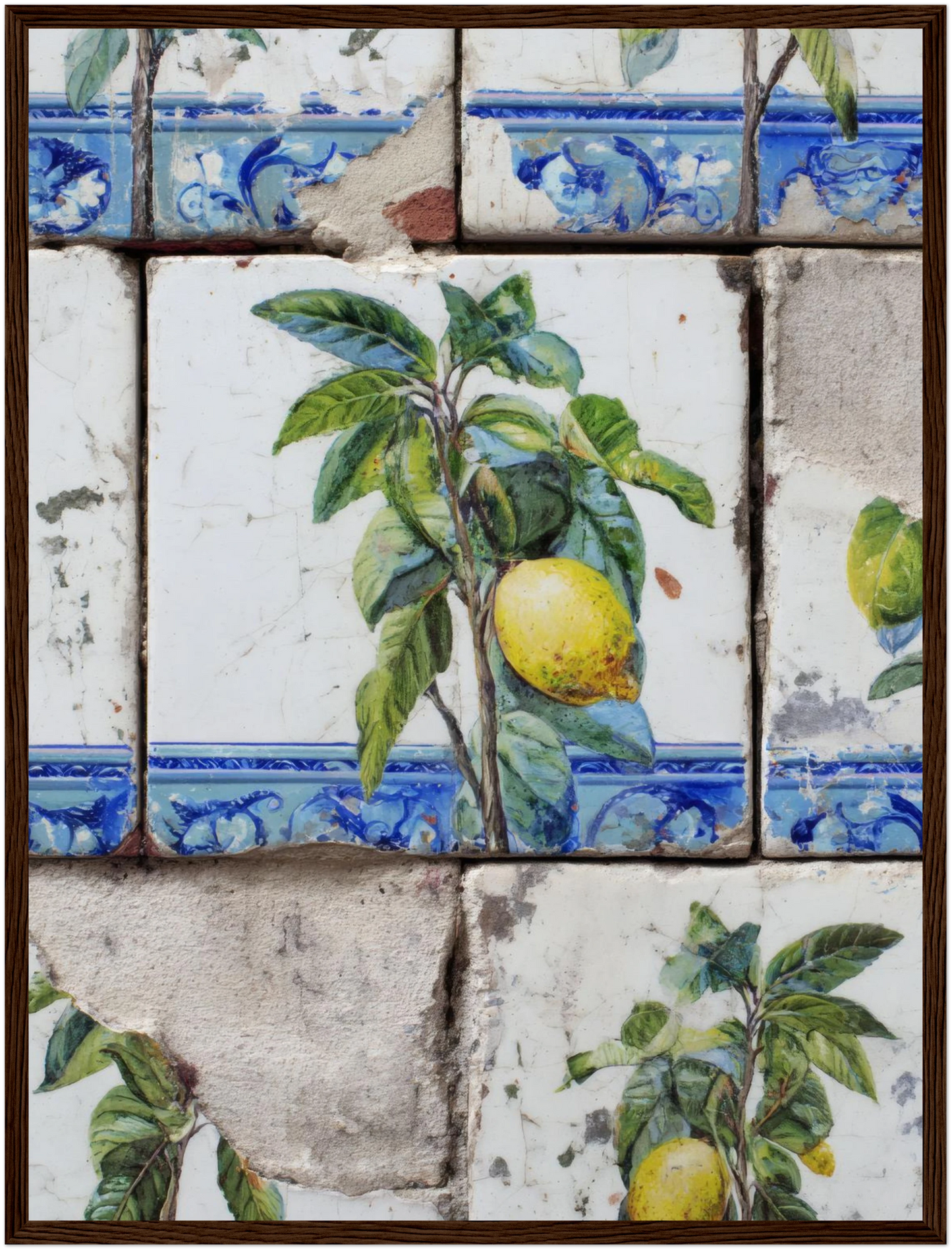 Wooden Framed Realistic Portuguese Lemon Azulejo Print - CITTRA Collective 45x60 cm / 18x24″ / Dark wood frame