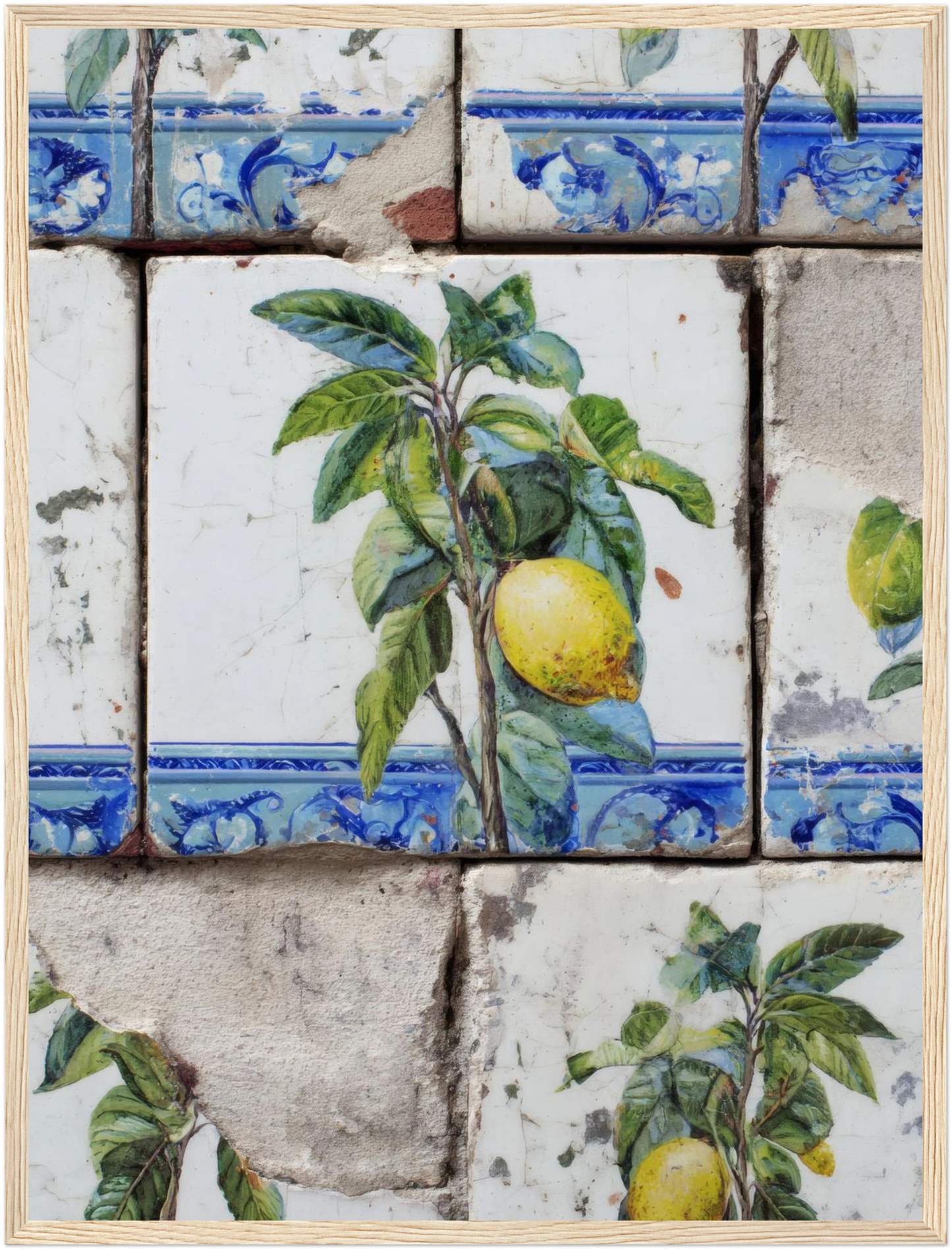 Wooden Framed Realistic Portuguese Lemon Azulejo Print - CITTRA Collective 45x60 cm / 18x24″ / Wood frame