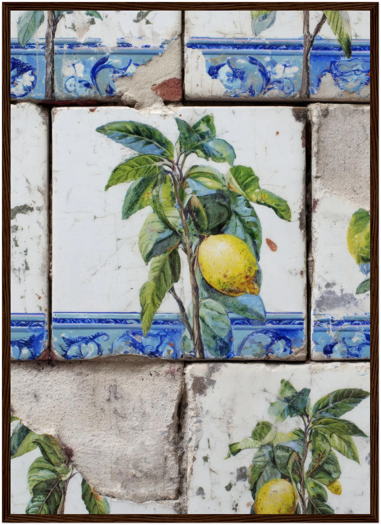 Wooden Framed Realistic Portuguese Lemon Azulejo Print - CITTRA Collective 50x70 cm / 20x28″ / Dark wood frame