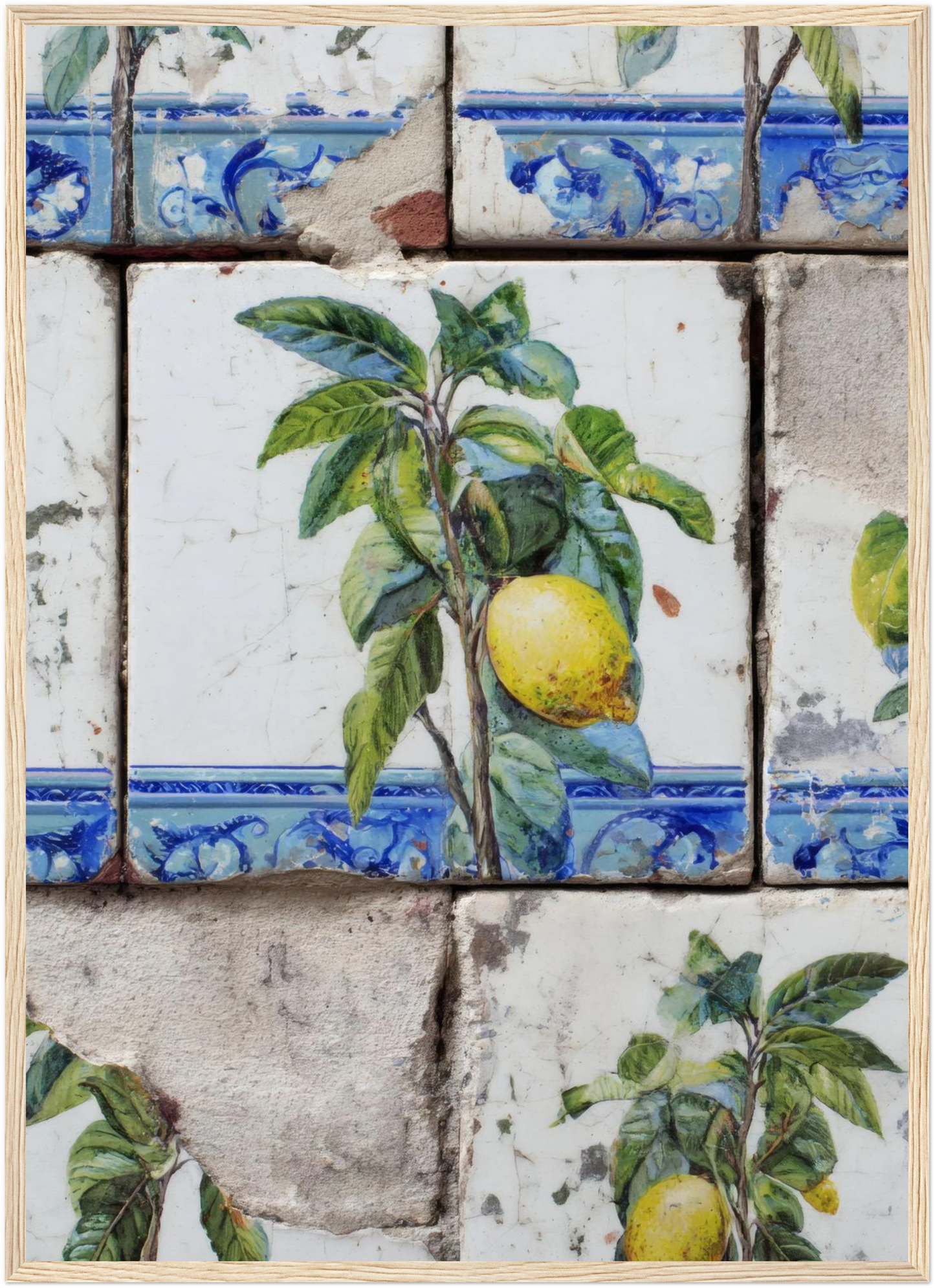 Wooden Framed Realistic Portuguese Lemon Azulejo Print - CITTRA Collective 50x70 cm / 20x28″ / Wood frame