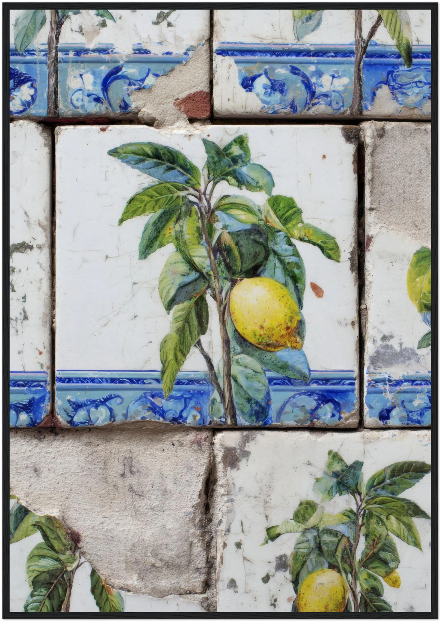 Wooden Framed Realistic Portuguese Lemon Azulejo Print - CITTRA Collective 70x100 cm / 28x40″ / Black frame