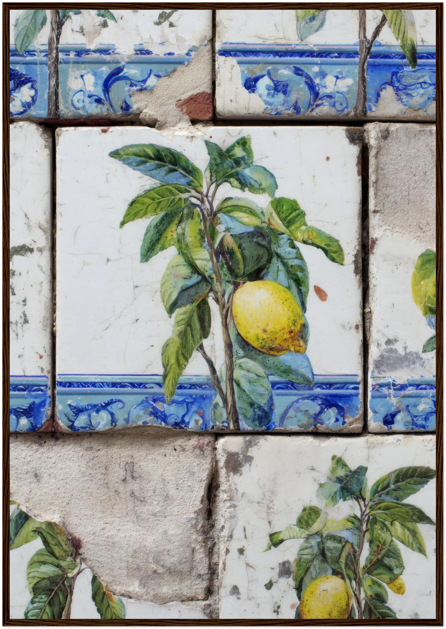 Wooden Framed Realistic Portuguese Lemon Azulejo Print - CITTRA Collective 70x100 cm / 28x40″ / Dark wood frame