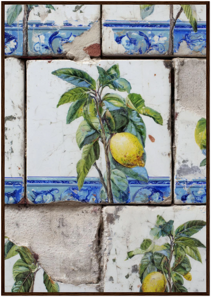 Wooden Framed Realistic Portuguese Lemon Azulejo Print - CITTRA Collective 70x100 cm / 28x40″ / Dark wood frame