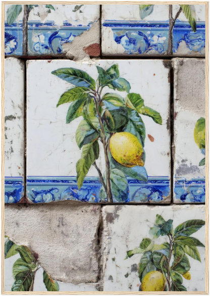 Wooden Framed Realistic Portuguese Lemon Azulejo Print - CITTRA Collective 70x100 cm / 28x40″ / Wood frame
