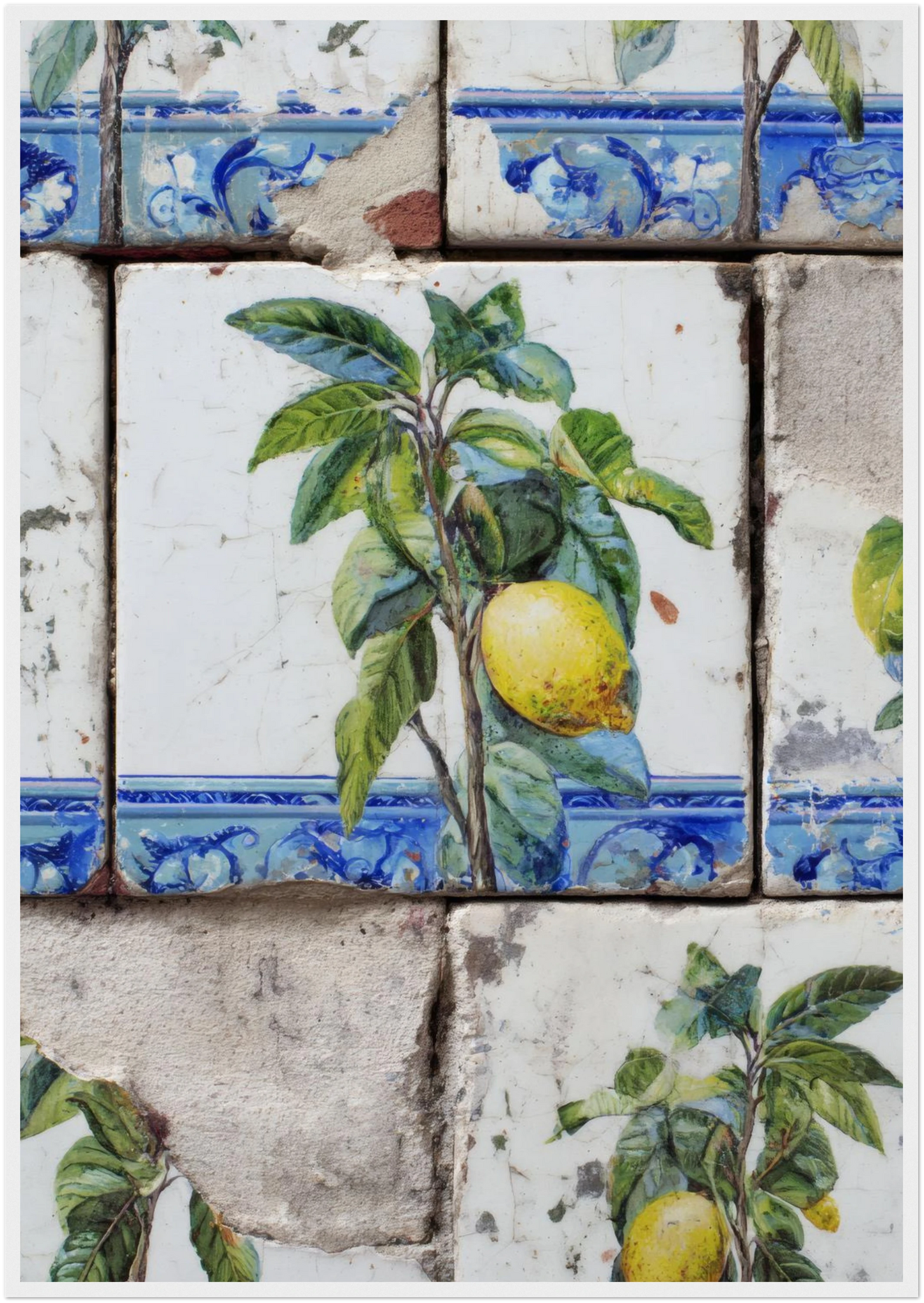 Wooden Framed Realistic Portuguese Lemon Azulejo Print - CITTRA Collective 70x100 cm / 28x40″ / White frame