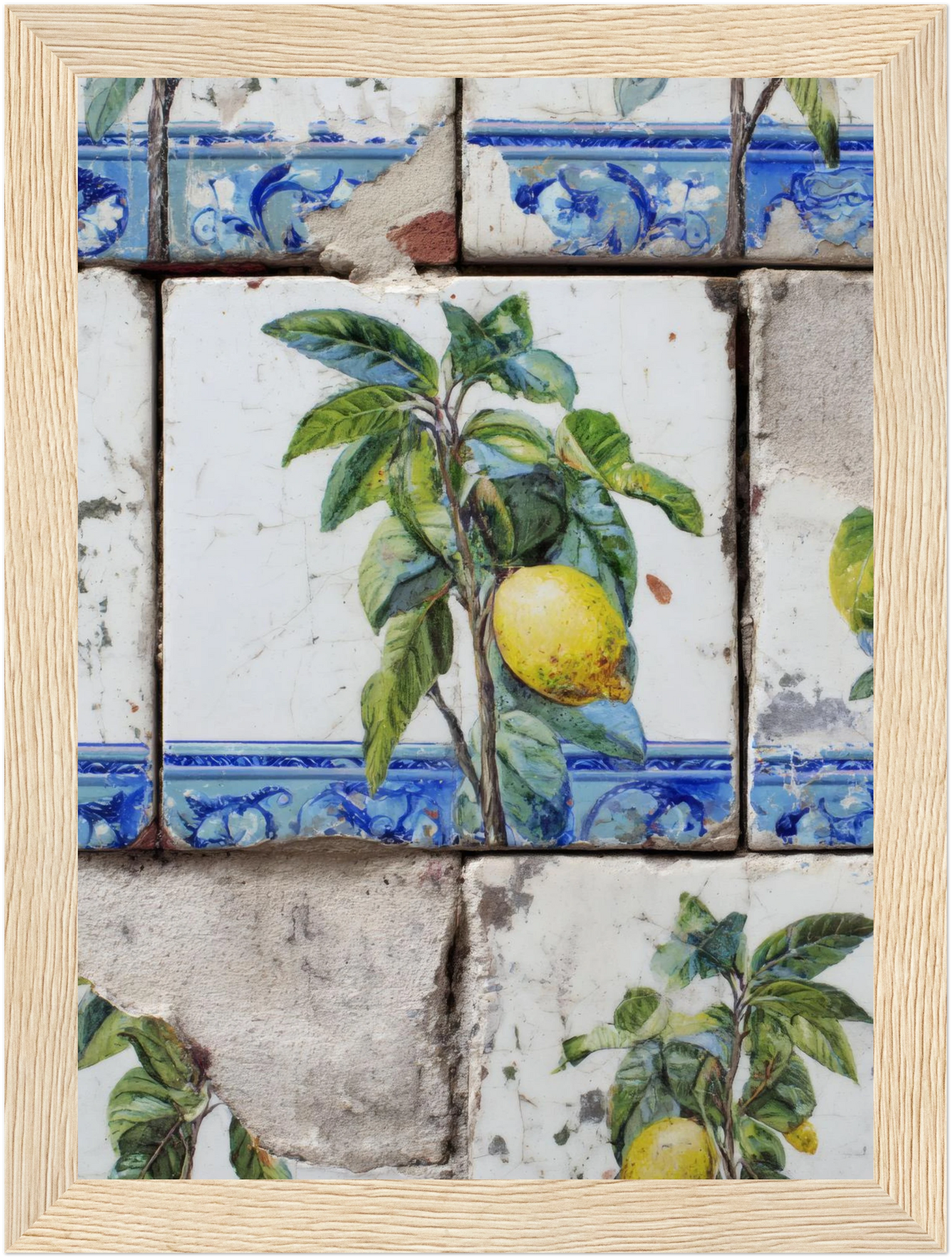 Wooden Framed Realistic Portuguese Lemon Azulejo Print - CITTRA Collective 13x18 cm / 5x7″ / Wood frame