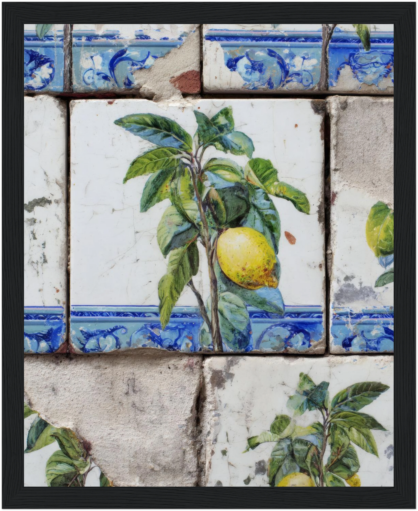 Wooden Framed Realistic Portuguese Lemon Azulejo Print - CITTRA Collective 20x25 cm / 8x10″ / Black frame