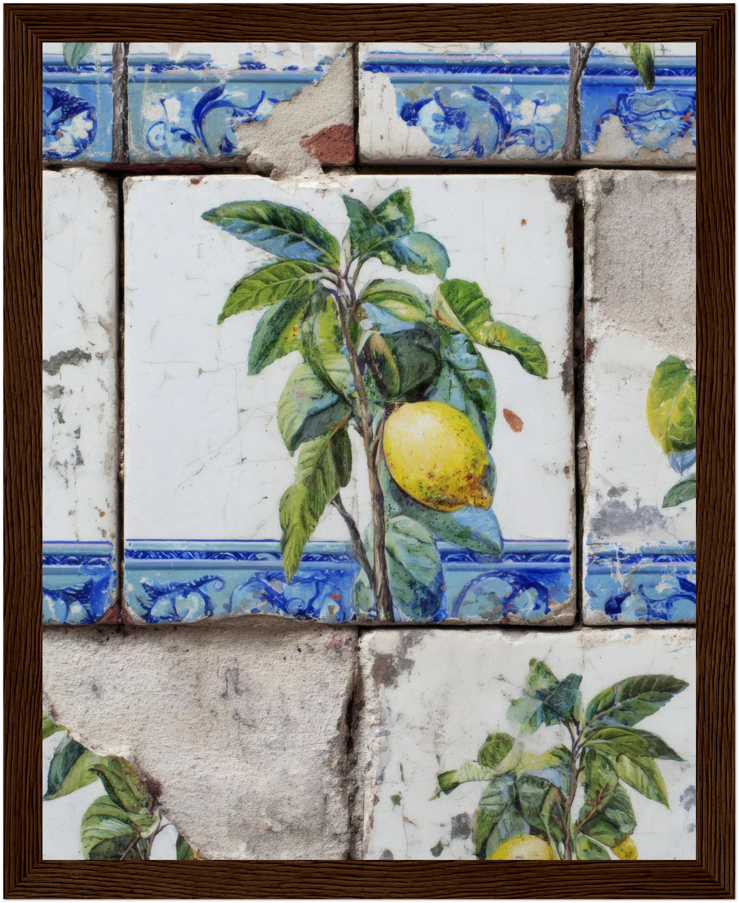 Wooden Framed Realistic Portuguese Lemon Azulejo Print - CITTRA Collective 20x25 cm / 8x10″ / Dark wood frame