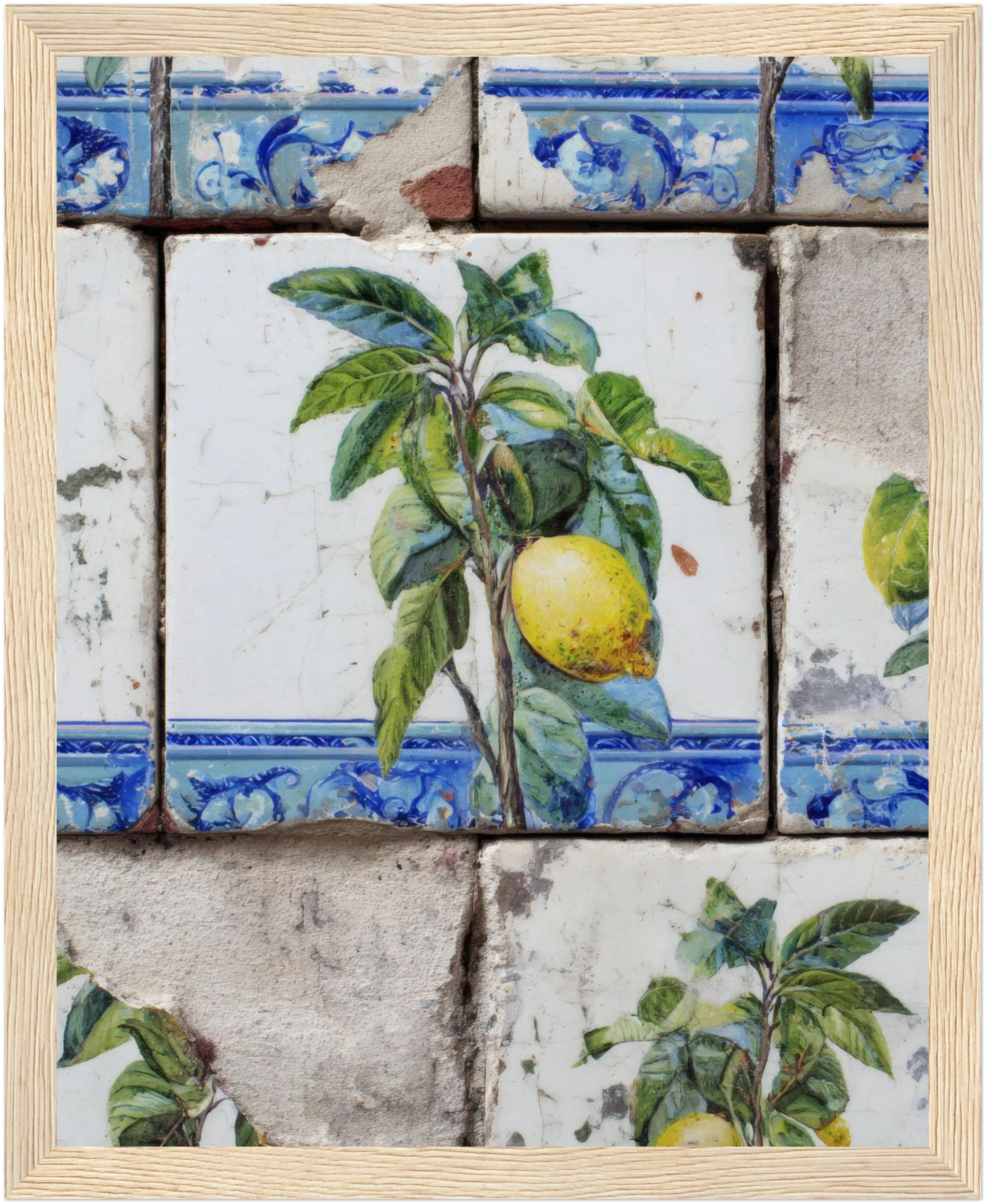 Wooden Framed Realistic Portuguese Lemon Azulejo Print - CITTRA Collective 20x25 cm / 8x10″ / Wood frame