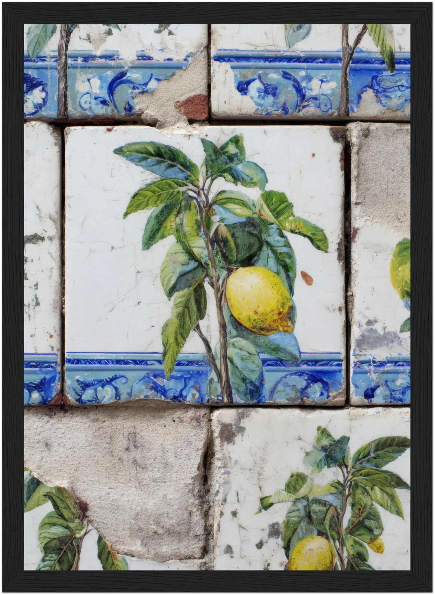 Wooden Framed Realistic Portuguese Lemon Azulejo Print - CITTRA Collective 21x29.7 cm / 8x12" / Black frame
