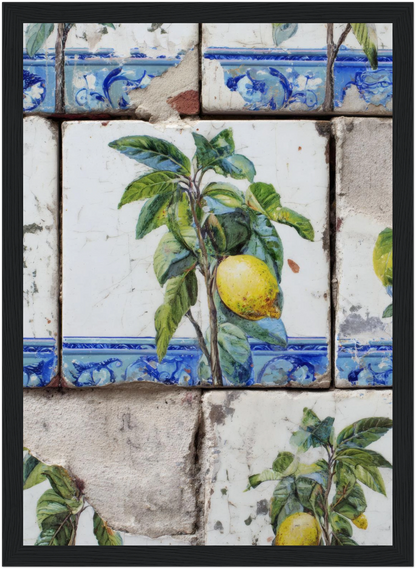Wooden Framed Realistic Portuguese Lemon Azulejo Print - CITTRA Collective 21x29.7 cm / 8x12" / Black frame