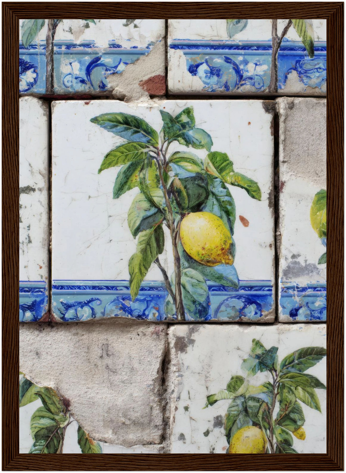 Wooden Framed Realistic Portuguese Lemon Azulejo Print - CITTRA Collective 21x29.7 cm / 8x12" / Dark wood frame