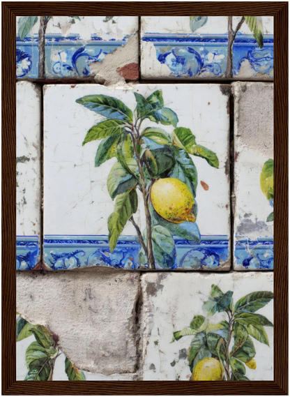Wooden Framed Realistic Portuguese Lemon Azulejo Print - CITTRA Collective 21x29.7 cm / 8x12" / Dark wood frame