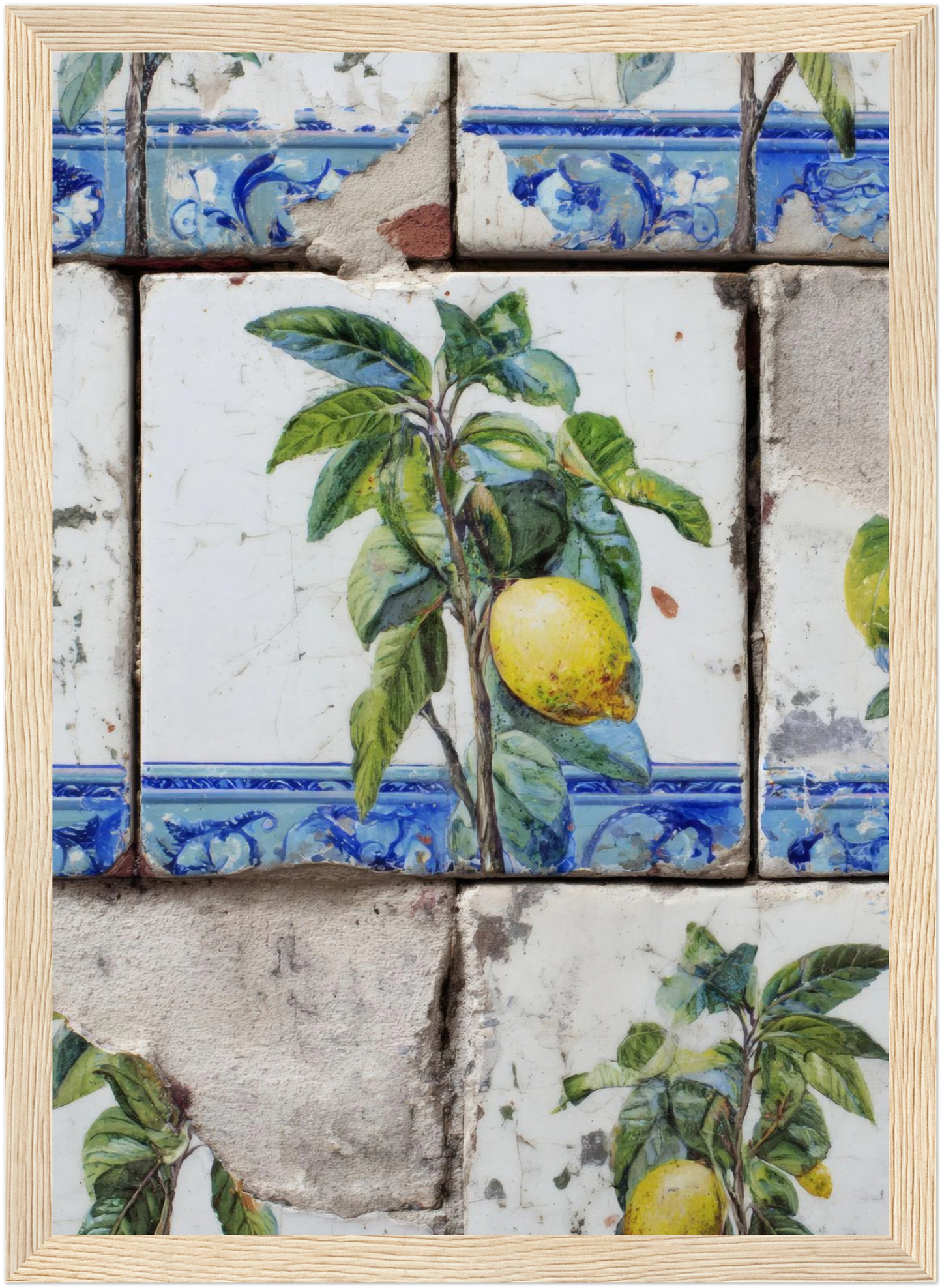 Wooden Framed Realistic Portuguese Lemon Azulejo Print - CITTRA Collective 21x29.7 cm / 8x12" / Wood frame