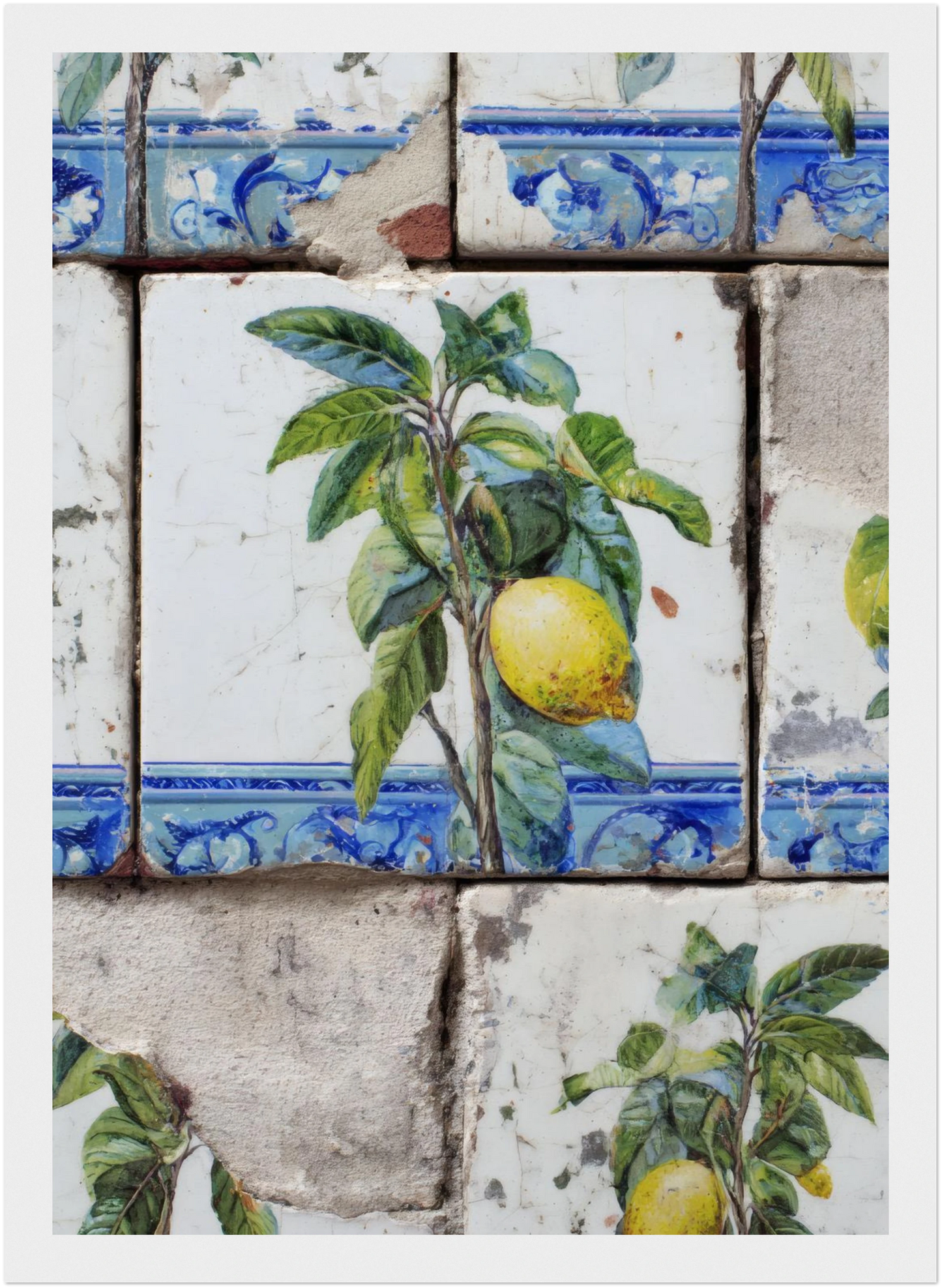 Wooden Framed Realistic Portuguese Lemon Azulejo Print - CITTRA Collective 21x29.7 cm / 8x12" / White frame