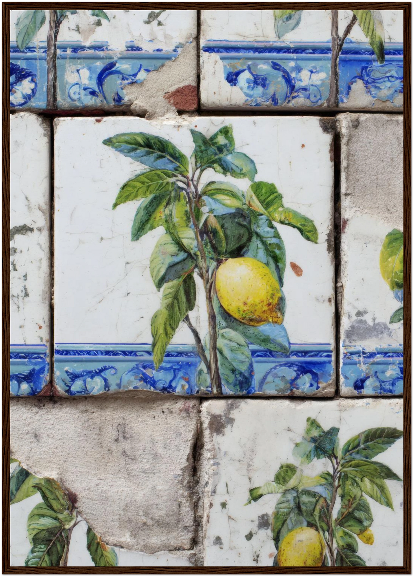 Wooden Framed Realistic Portuguese Lemon Azulejo Print - CITTRA Collective A1 (59.4 x 84.1  cm) / Dark wood frame