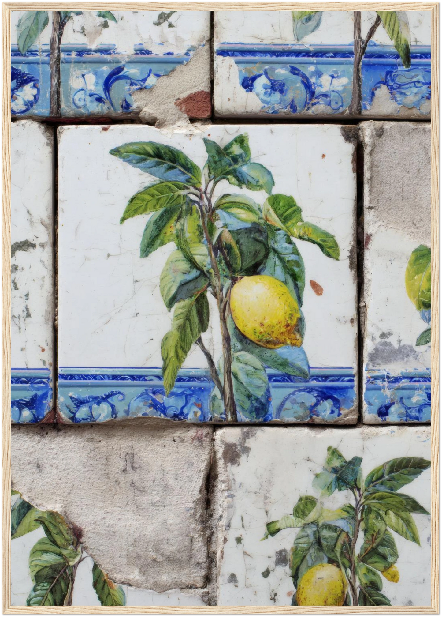 Wooden Framed Realistic Portuguese Lemon Azulejo Print - CITTRA Collective A1 (59.4 x 84.1  cm) / Wood frame