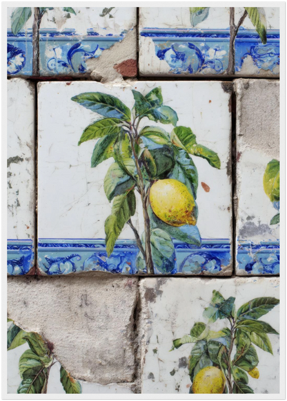 Wooden Framed Realistic Portuguese Lemon Azulejo Print - CITTRA Collective A1 (59.4 x 84.1  cm) / White frame