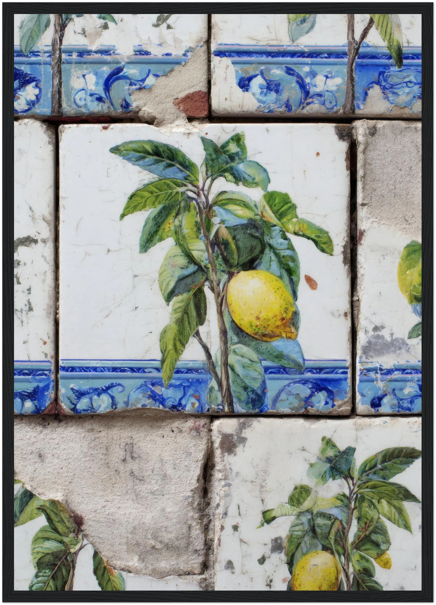 Wooden Framed Realistic Portuguese Lemon Azulejo Print - CITTRA Collective A2 (42 x 59.4  cm) / Black frame
