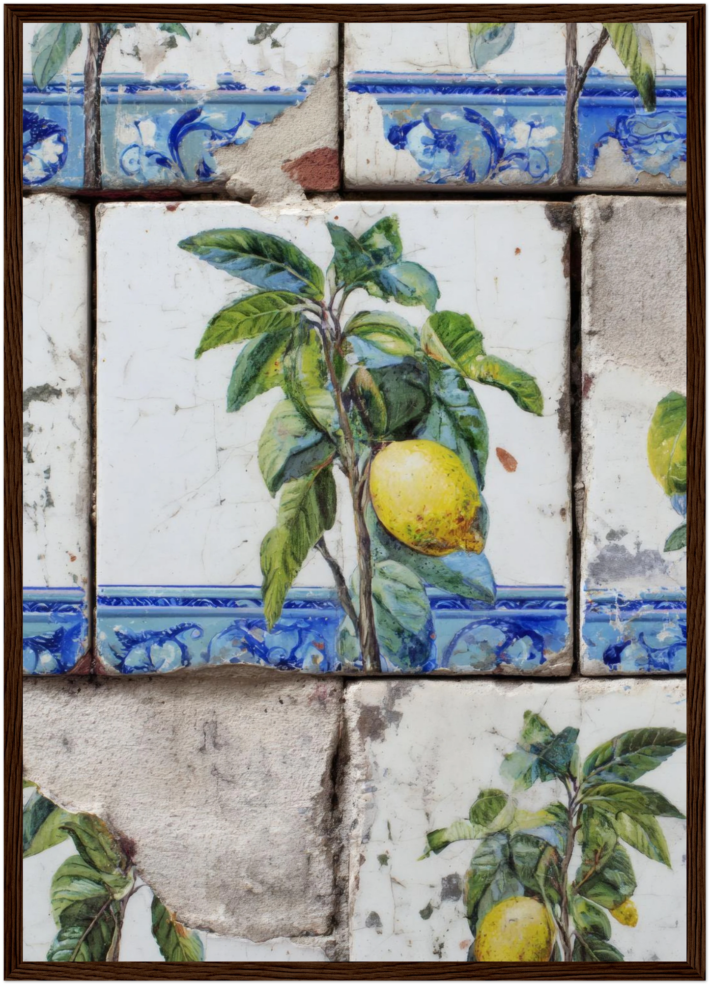 Wooden Framed Realistic Portuguese Lemon Azulejo Print - CITTRA Collective A2 (42 x 59.4  cm) / Dark wood frame