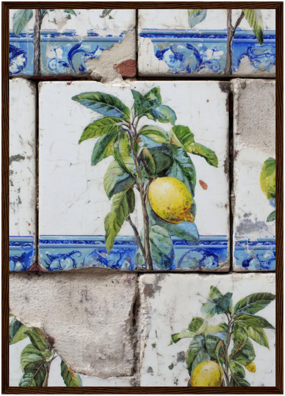 Wooden Framed Realistic Portuguese Lemon Azulejo Print - CITTRA Collective A2 (42 x 59.4  cm) / Dark wood frame